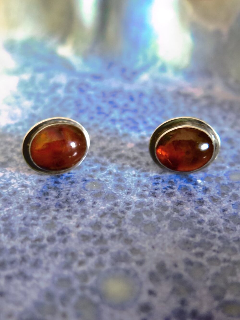 Vintage Amber Cabochon Orange/Cognac Stone with Silver Stud Post Earrings - Picture 12 of 13